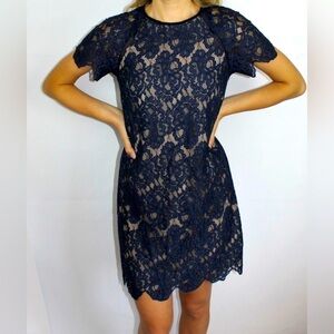 Navy Lace Cocktail Dress with Nude Lining Wedding Guest Holiday Party‎ Size L